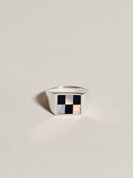Chess Inlay Signet (Onyx & Mother of Pearl) | J.Hannah Jewelry